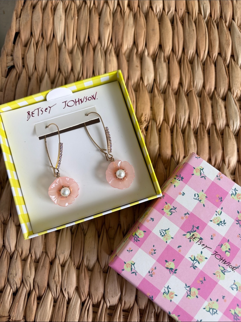Betsey Johnson Pink Enamel Flower Pearl Drop Earrings
